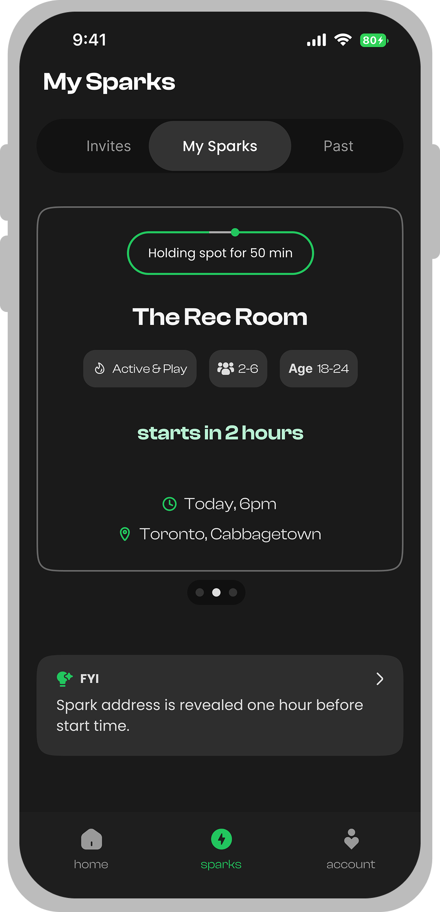 Firefly Spark My Sparks screen showing an upcoming activity at The Rec Room