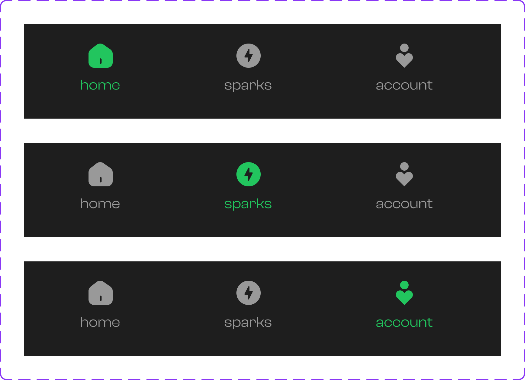 Navigation bar states — Home, Sparks, and Account tabs with active highlights